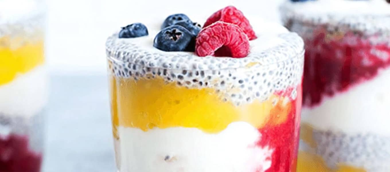 Coconut chia seeds pudding, yogurt and fruit coulis