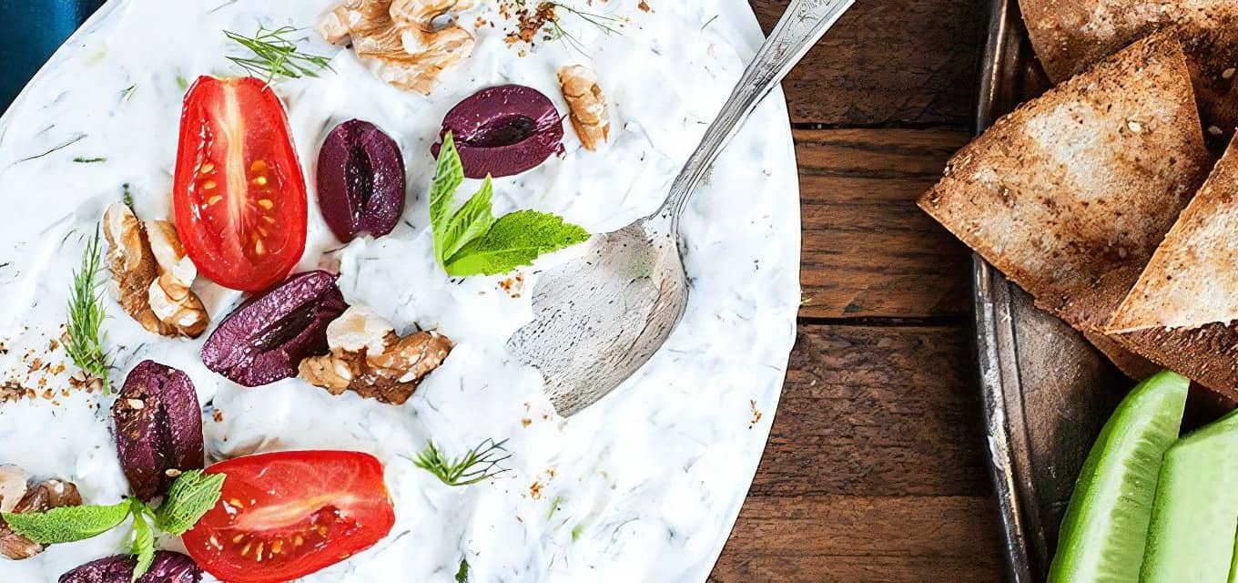 Yogurt and cucumber dip with zaatar pita chips